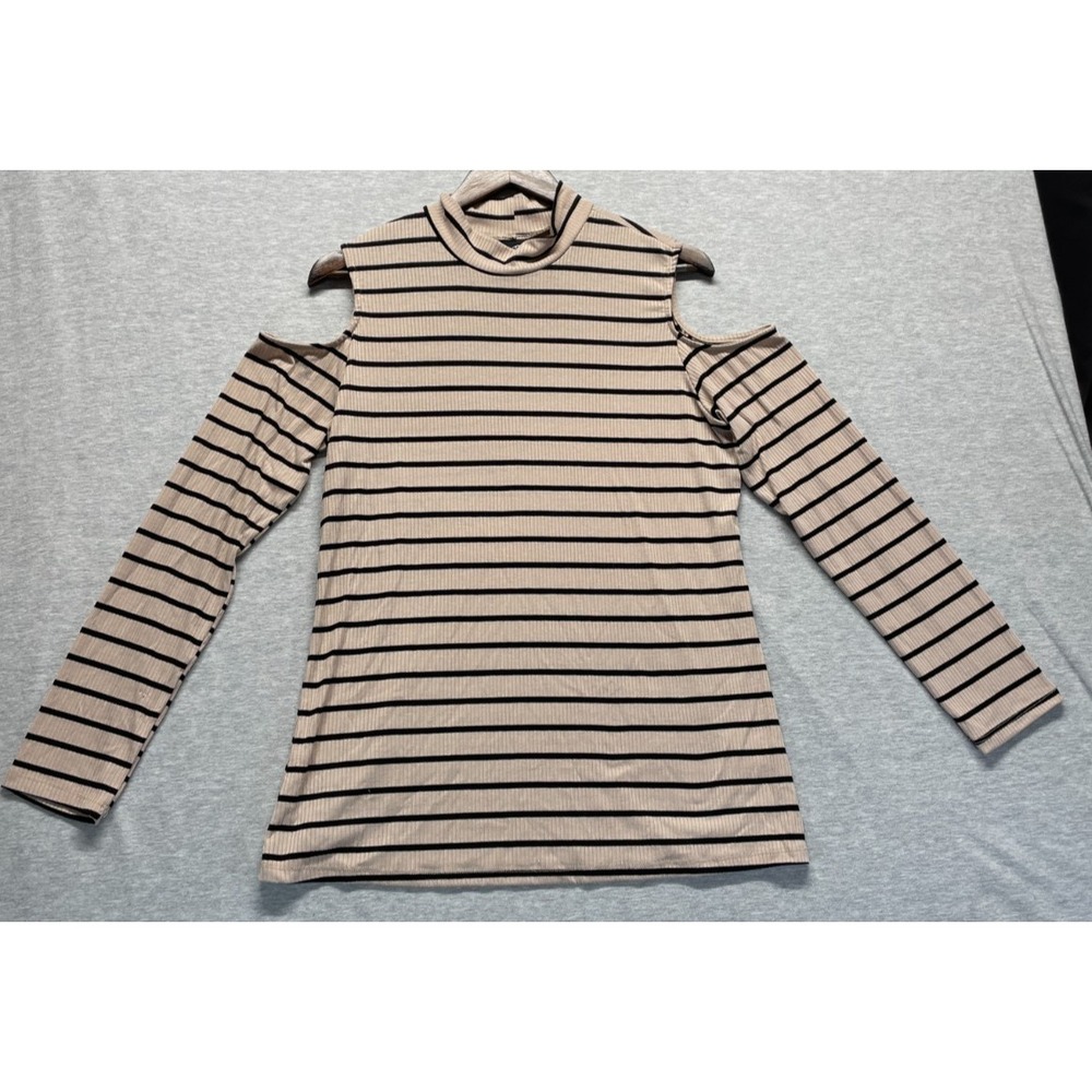 Bobeau Ribbed Top Womens XL Beige Black Striped Cold Shoulder Sleeve Mock Neck